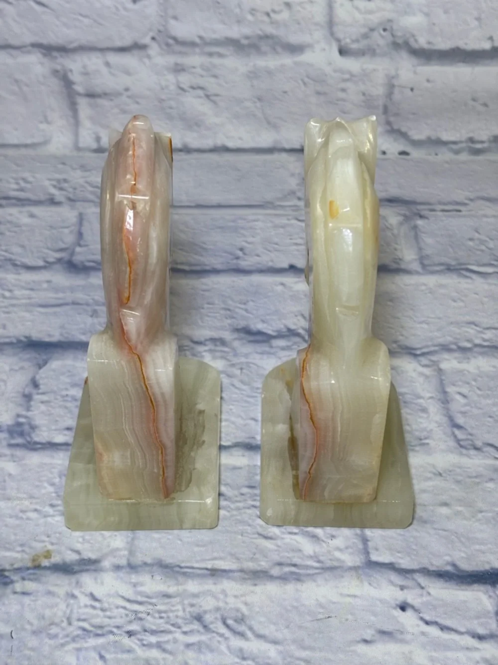 Vintage Hand-Carved Onyx Stone Trojan Horse Head Bookends MCM Art Deco